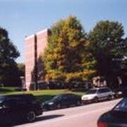 Color image of Clyde Hall with CalU banners