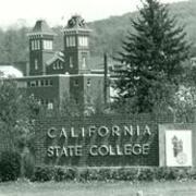 California State College sign, Old Main and Reed Library.