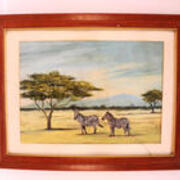 18x14 Oil on canvas matted and framed zebras - full view