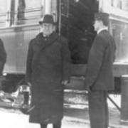 William Jennings Bryan arriving to deliver an assembly address about 1909 Prof. Bigler left/Park Skelton right