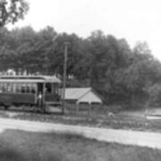 Street car stop by the boat house on the lake